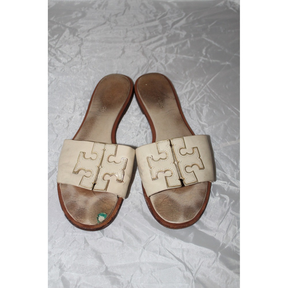 Tory Burch Ines Slide Sandals Cream Gold Logo Leather Flat Shoes Size‎ 7.5